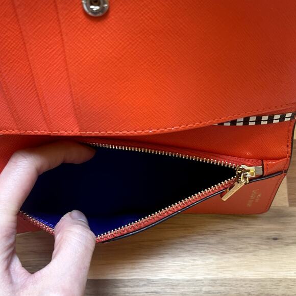 Henri Bendel Fold Snap Button Closure Retro Slim Card Bill Wallet Orange - Picture 6 of 12